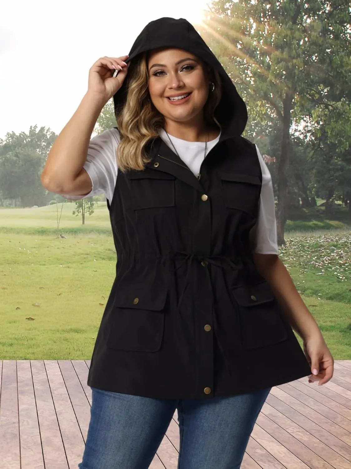 Agnes Orinda Plus Size Anorak Utility Vest for Women Drawstring Lightweight Sleeveless Cargo Hooded Jackets