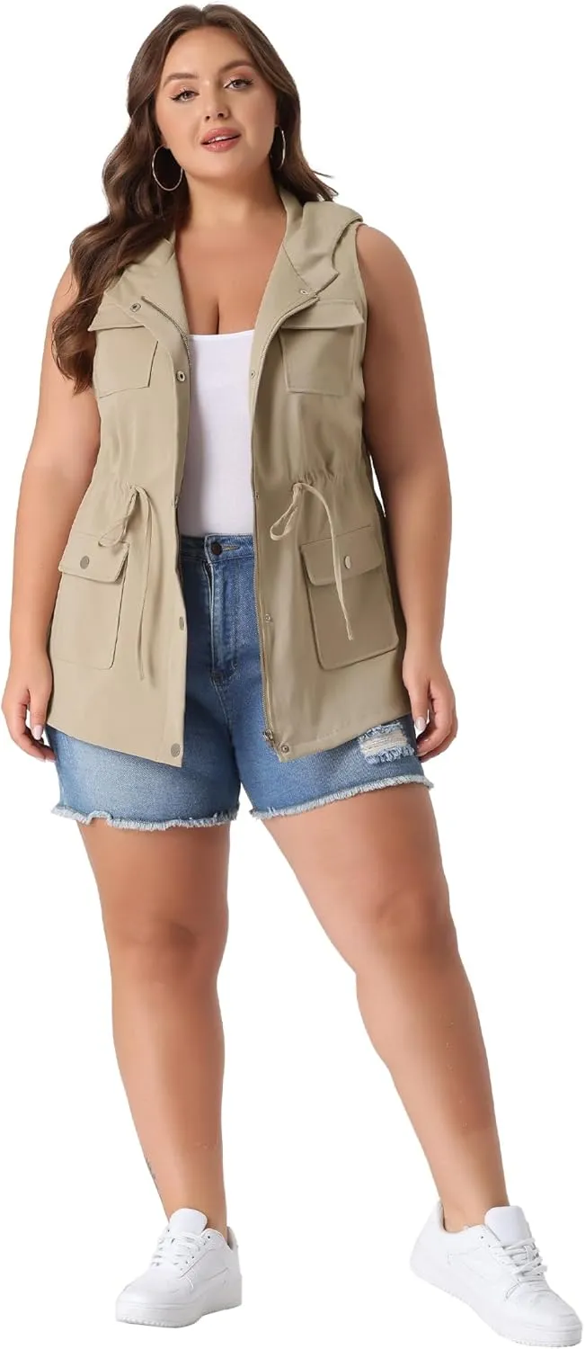 Agnes Orinda Plus Size Anorak Utility Vest for Women Drawstring Lightweight Sleeveless Cargo Hooded Jackets