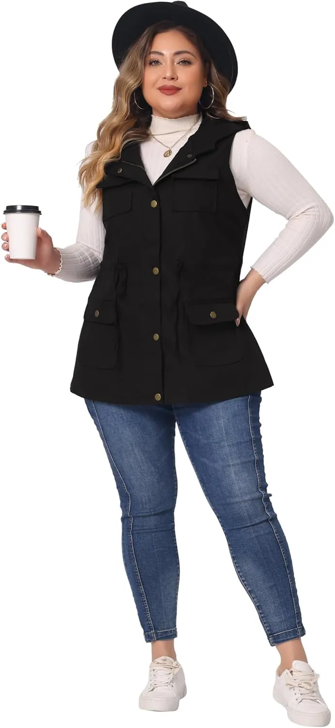 Agnes Orinda Plus Size Anorak Utility Vest for Women Drawstring Lightweight Sleeveless Cargo Hooded Jackets