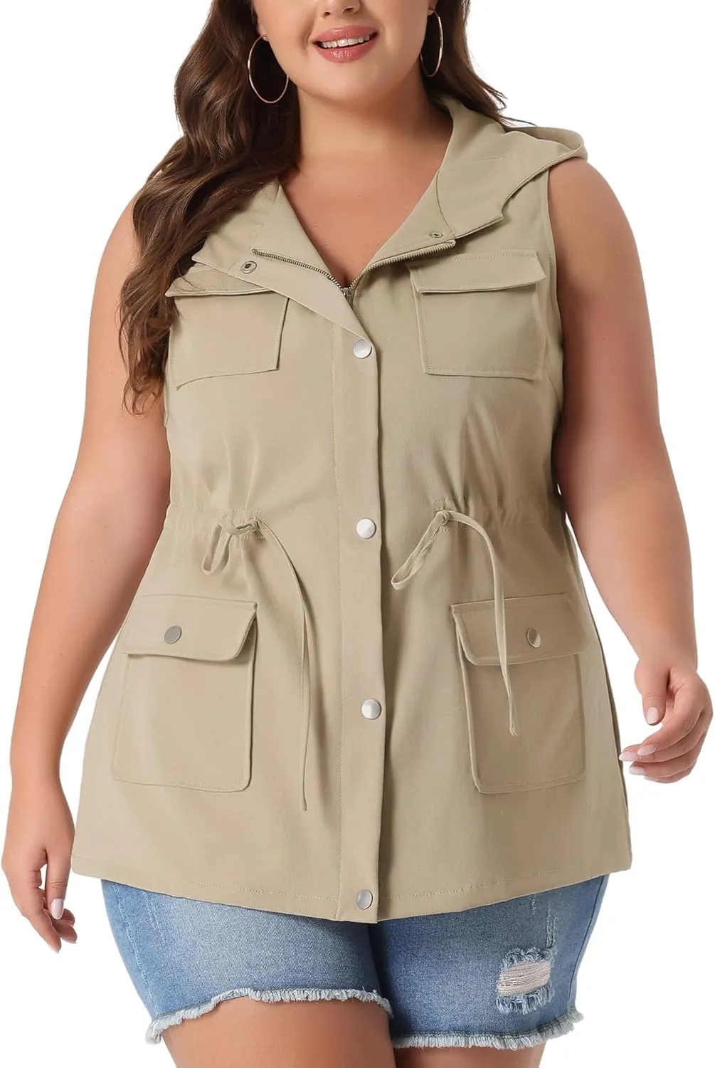 Agnes Orinda Plus Size Anorak Utility Vest for Women Drawstring Lightweight Sleeveless Cargo Hooded Jackets