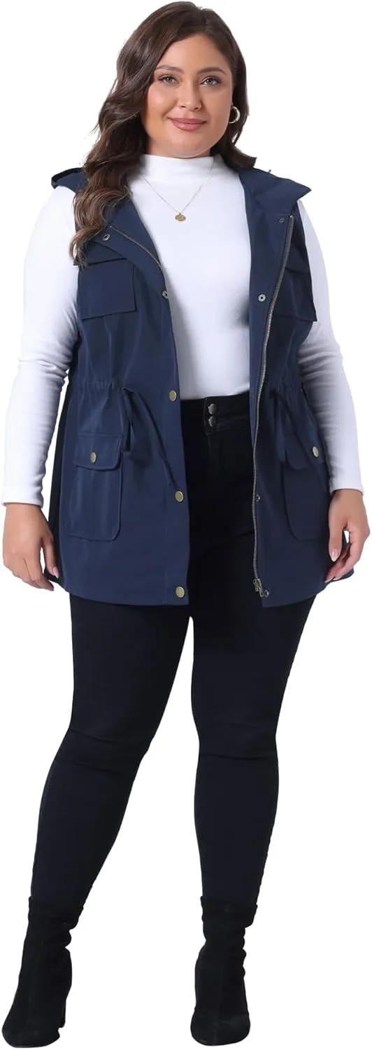 Agnes Orinda Plus Size Anorak Utility Vest for Women Drawstring Lightweight Sleeveless Cargo Hooded Jackets