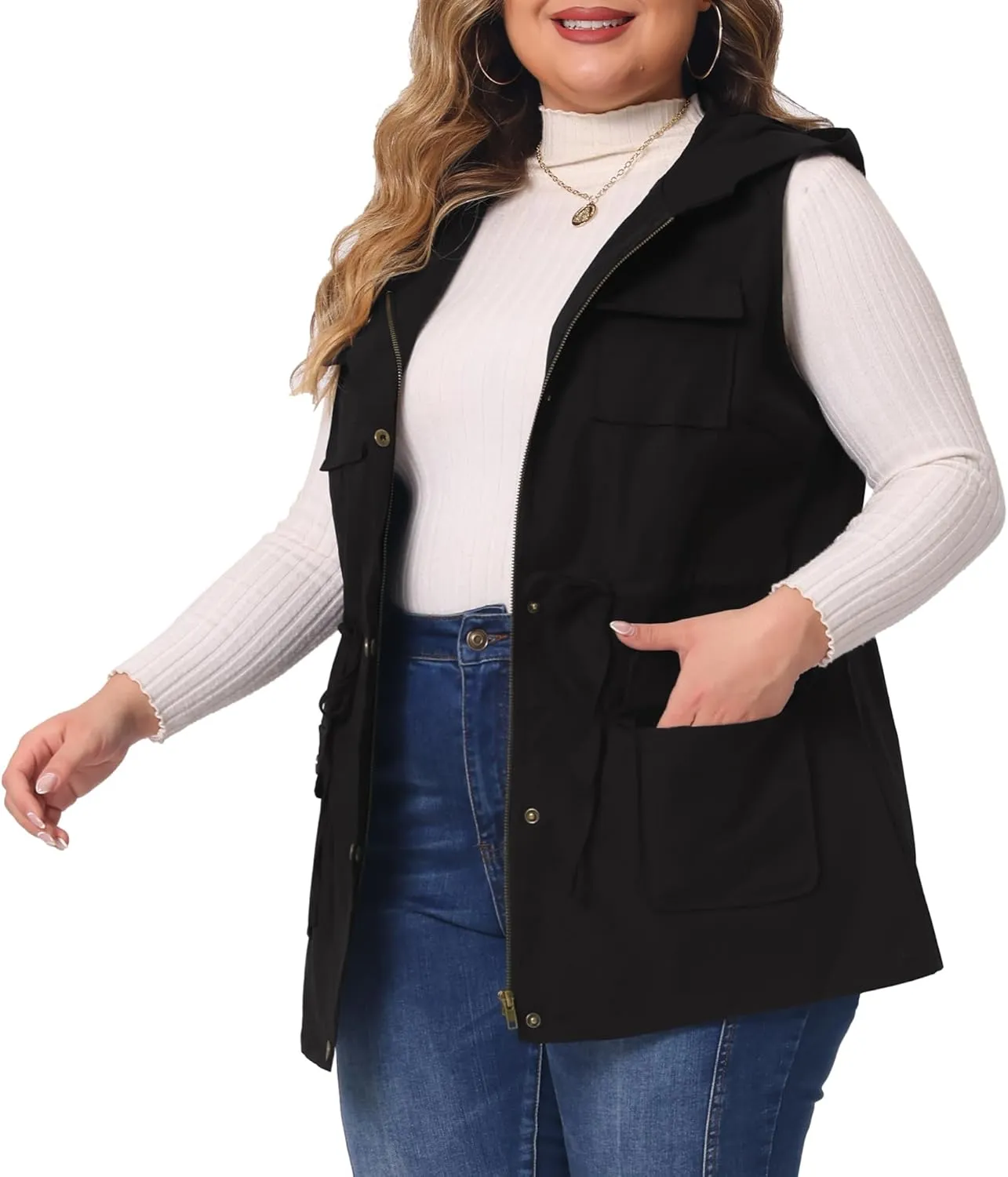 Agnes Orinda Plus Size Anorak Utility Vest for Women Drawstring Lightweight Sleeveless Cargo Hooded Jackets