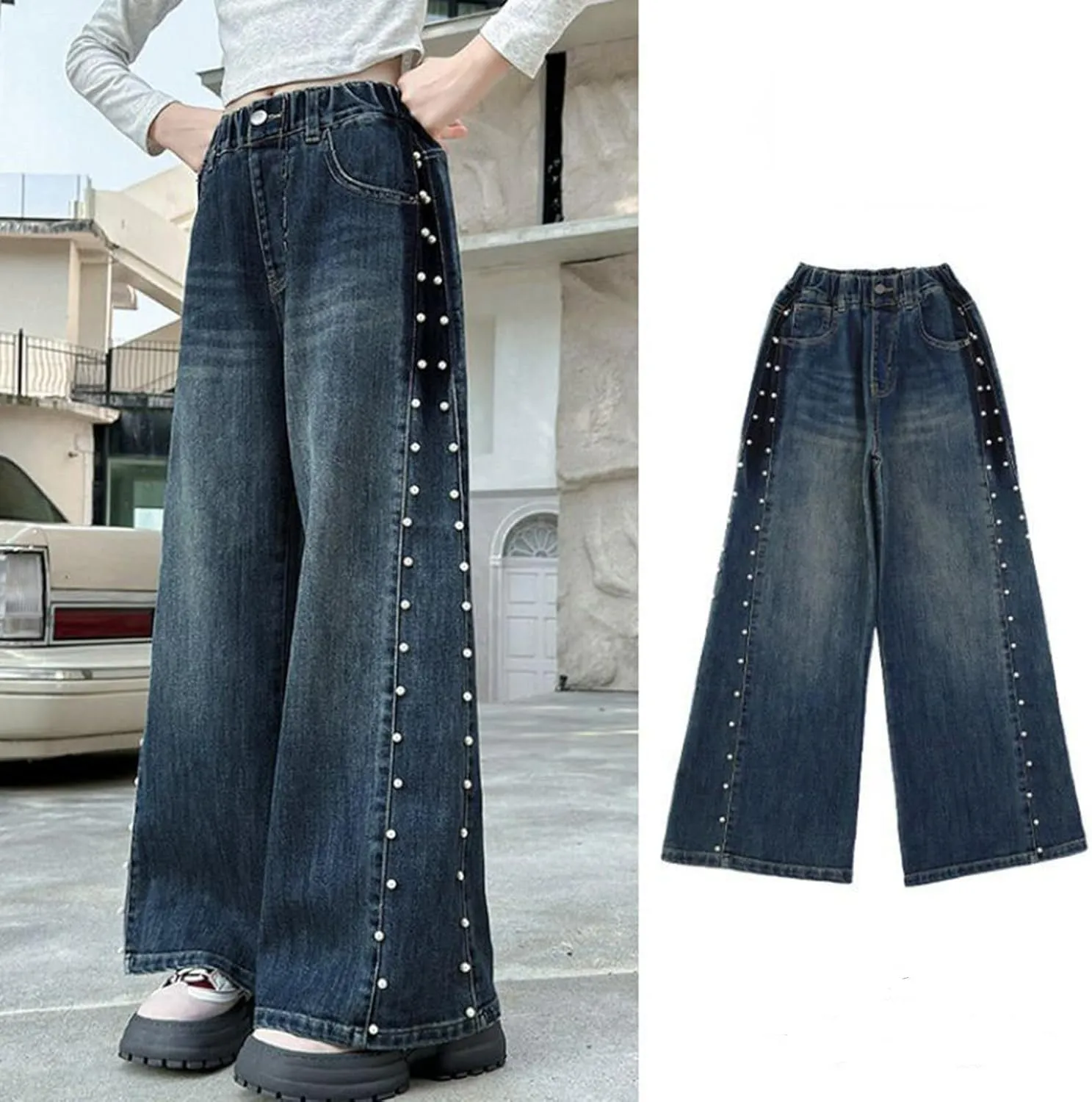 Baggy Girls Jeans Streetwear Denim Cargo Pants High Waist Floor Length Baggy Wide Leg Cargo Jeans