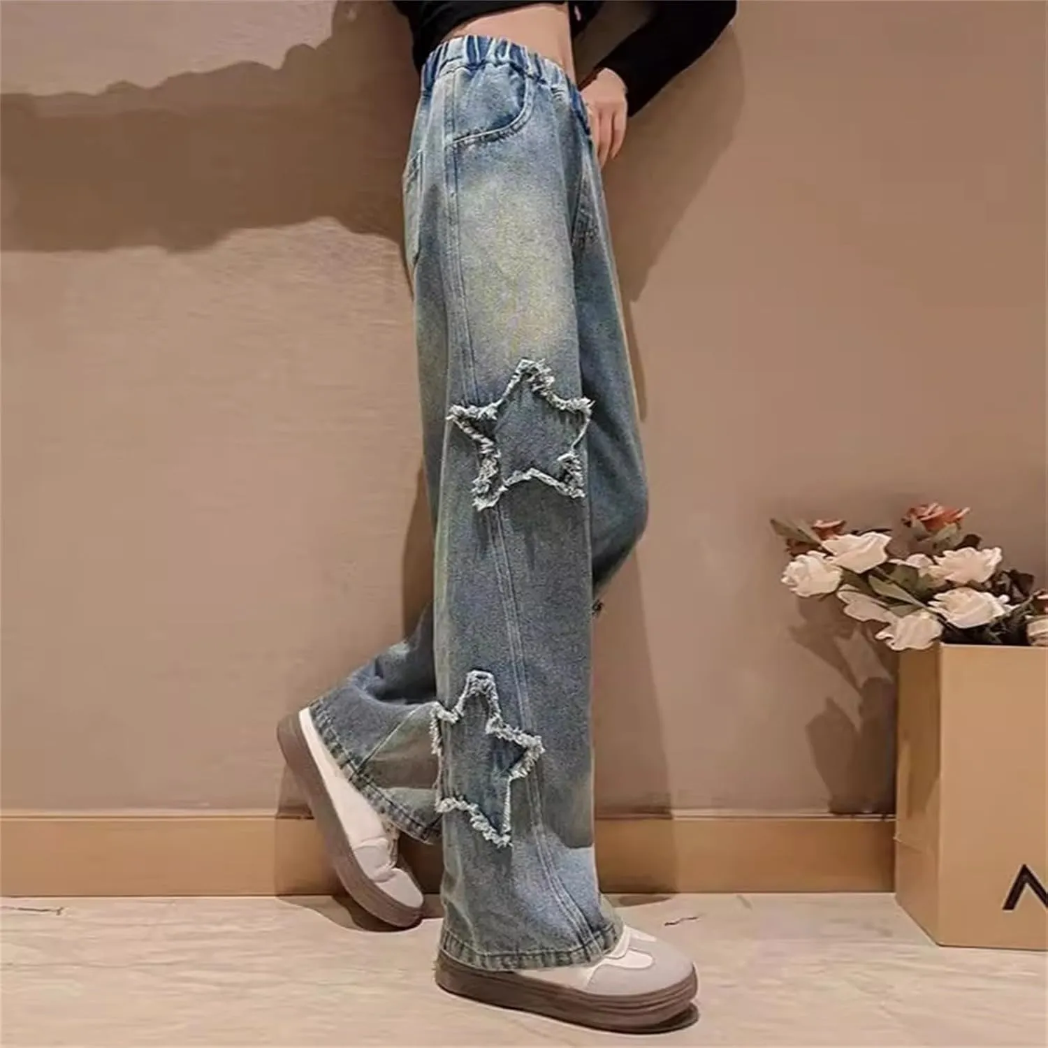Baggy Girls Jeans Streetwear Denim Cargo Pants High Waist Floor Length Baggy Wide Leg Cargo Jeans