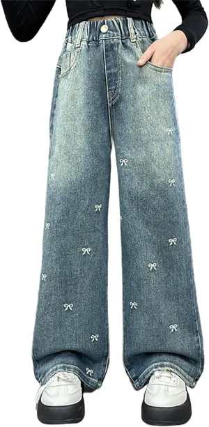Baggy Jeans for Girls Wide Leg Jeans Cute Heart Bowknot Embroidered High Waisted Denim Pants Elastic Waist Aesthetic