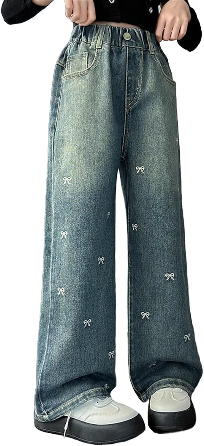 Baggy Jeans for Girls Wide Leg Jeans Cute Heart Bowknot Embroidered High Waisted Denim Pants Elastic Waist Aesthetic