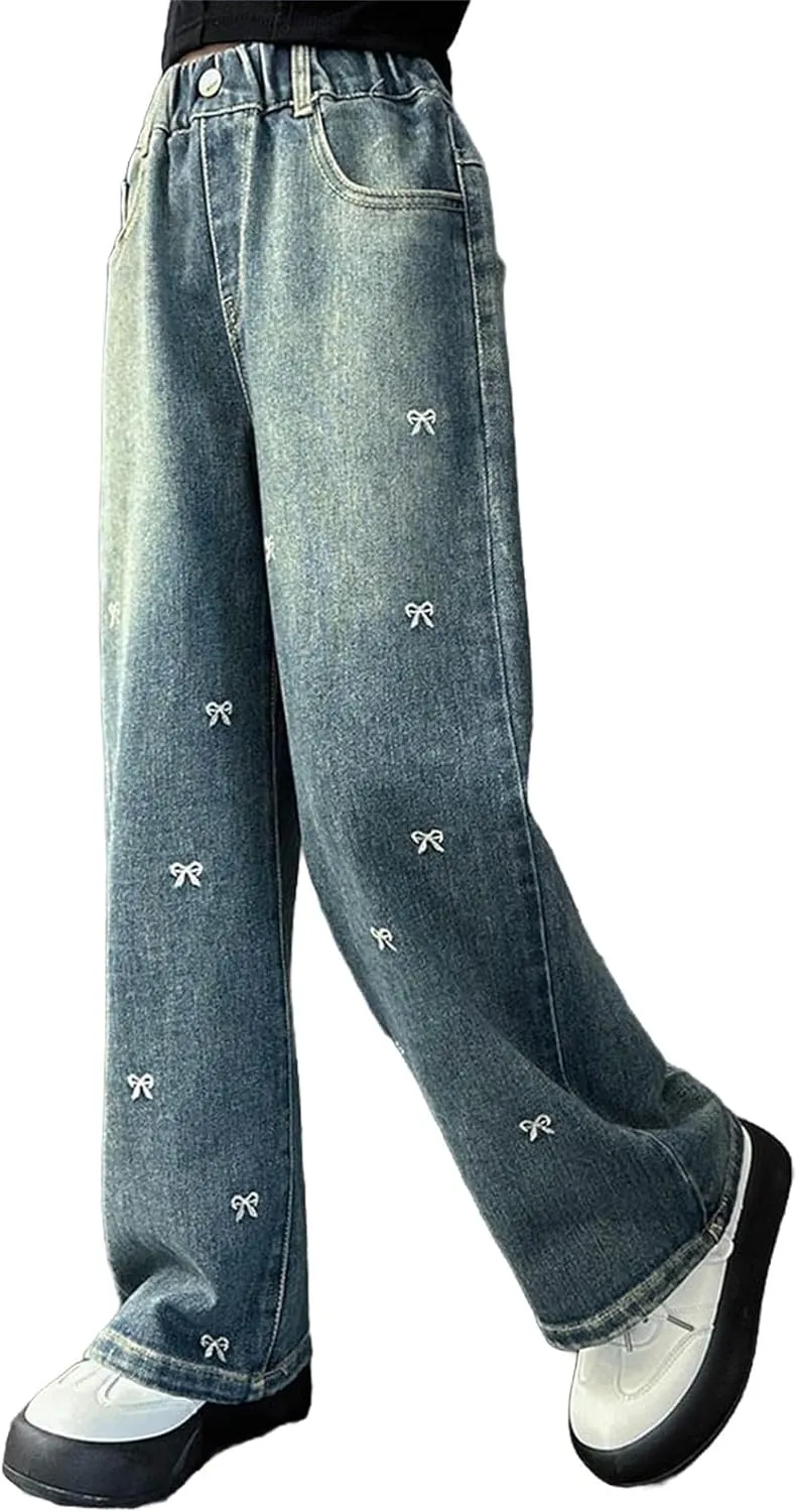 Baggy Jeans for Girls Wide Leg Jeans Cute Heart Bowknot Embroidered High Waisted Denim Pants Elastic Waist Aesthetic