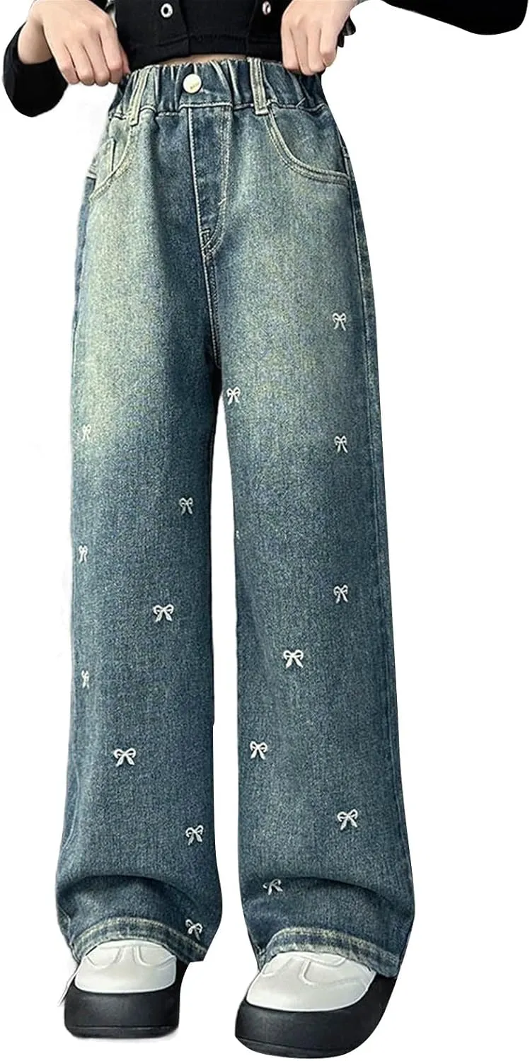 Baggy Jeans for Girls Wide Leg Jeans Cute Heart Bowknot Embroidered High Waisted Denim Pants Elastic Waist Aesthetic
