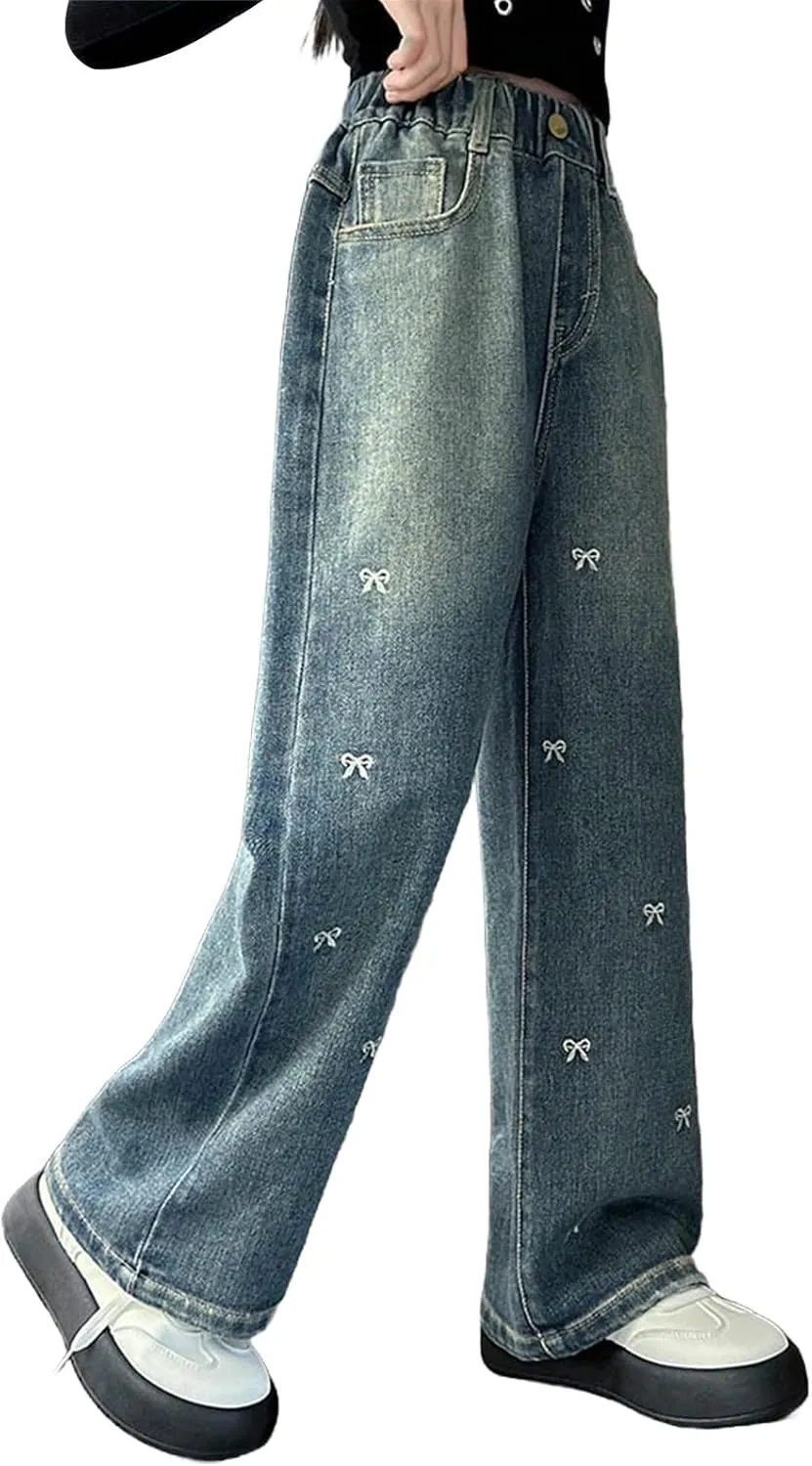 Baggy Jeans for Girls Wide Leg Jeans Cute Heart Bowknot Embroidered High Waisted Denim Pants Elastic Waist Aesthetic