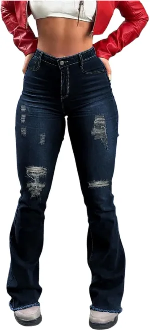 Bell Bottom Jeans for Women Stretchy High Waisted Frayed Bootcut Jeans Design Butt Lifting Denim Pants with Pockets