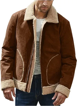BIFUTON Winter Jackets for Men,Mens Pullover Winter Workout Faux Leather Lapel Jackets Fur Stand Collar Soft Warm Thick Coats
