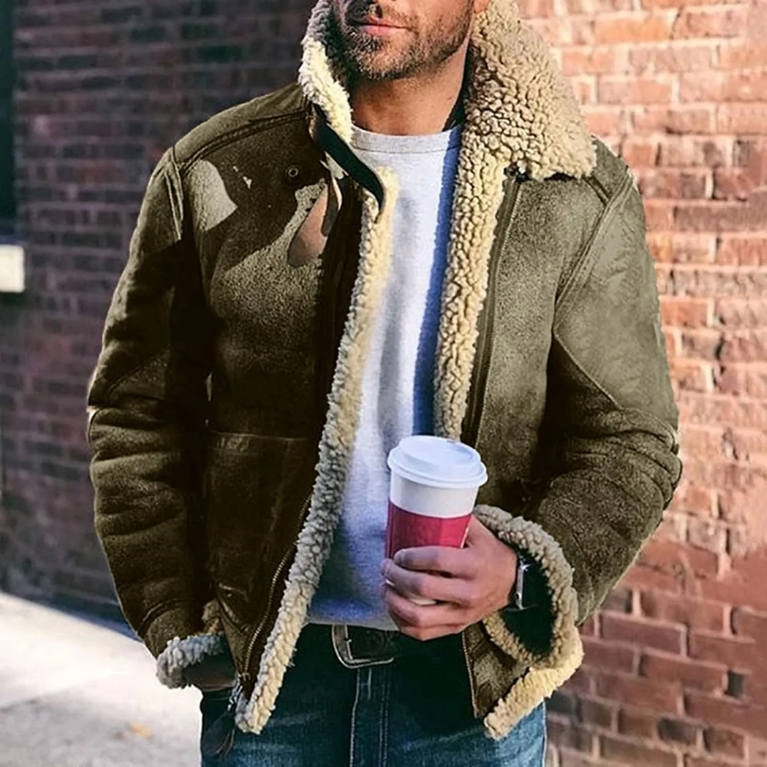 BIFUTON Winter Jackets for Men,Mens Pullover Winter Workout Faux Leather Lapel Jackets Fur Stand Collar Soft Warm Thick Coats