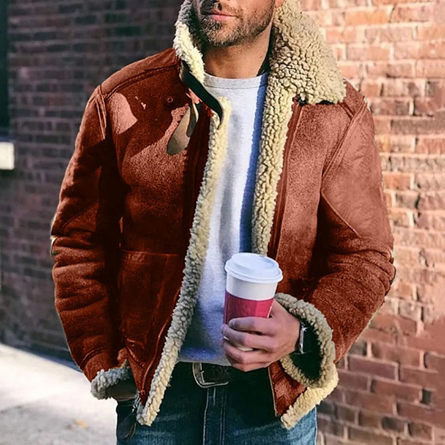 BIFUTON Winter Jackets for Men,Mens Pullover Winter Workout Faux Leather Lapel Jackets Fur Stand Collar Soft Warm Thick Coats