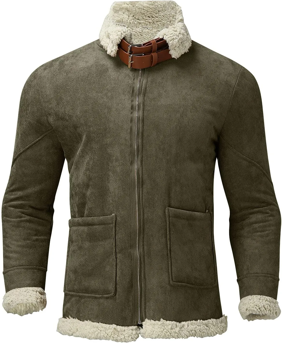 BIFUTON Winter Jackets for Men,Mens Pullover Winter Workout Faux Leather Lapel Jackets Fur Stand Collar Soft Warm Thick Coats