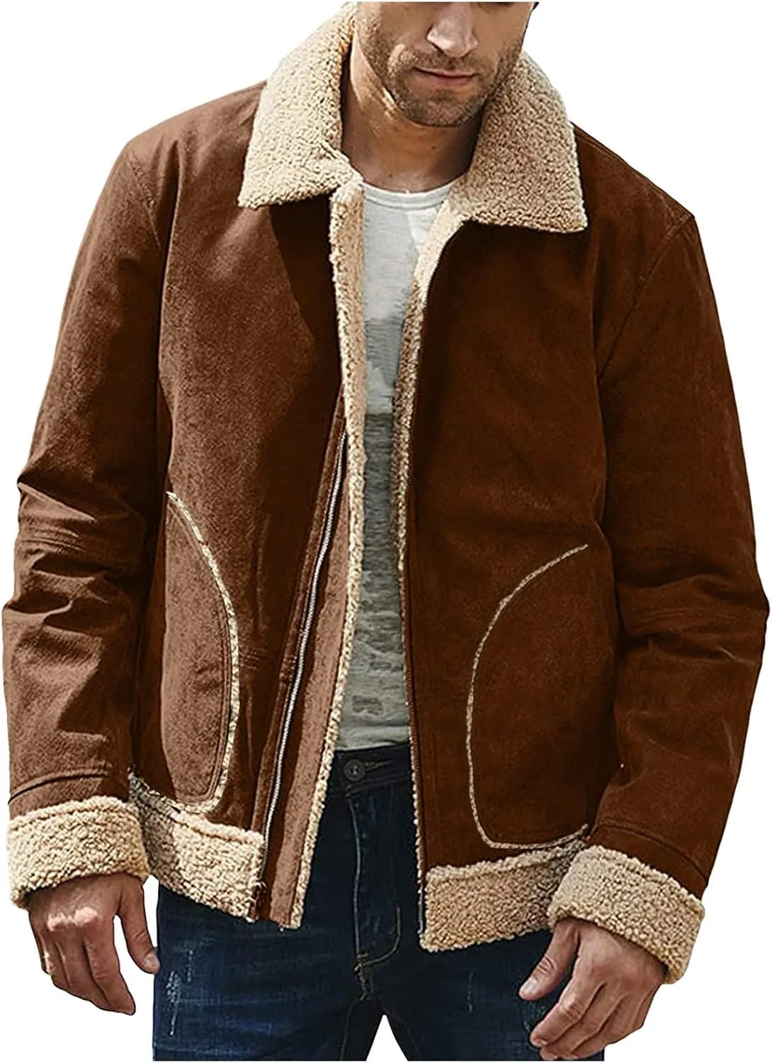 BIFUTON Winter Jackets for Men,Mens Pullover Winter Workout Faux Leather Lapel Jackets Fur Stand Collar Soft Warm Thick Coats
