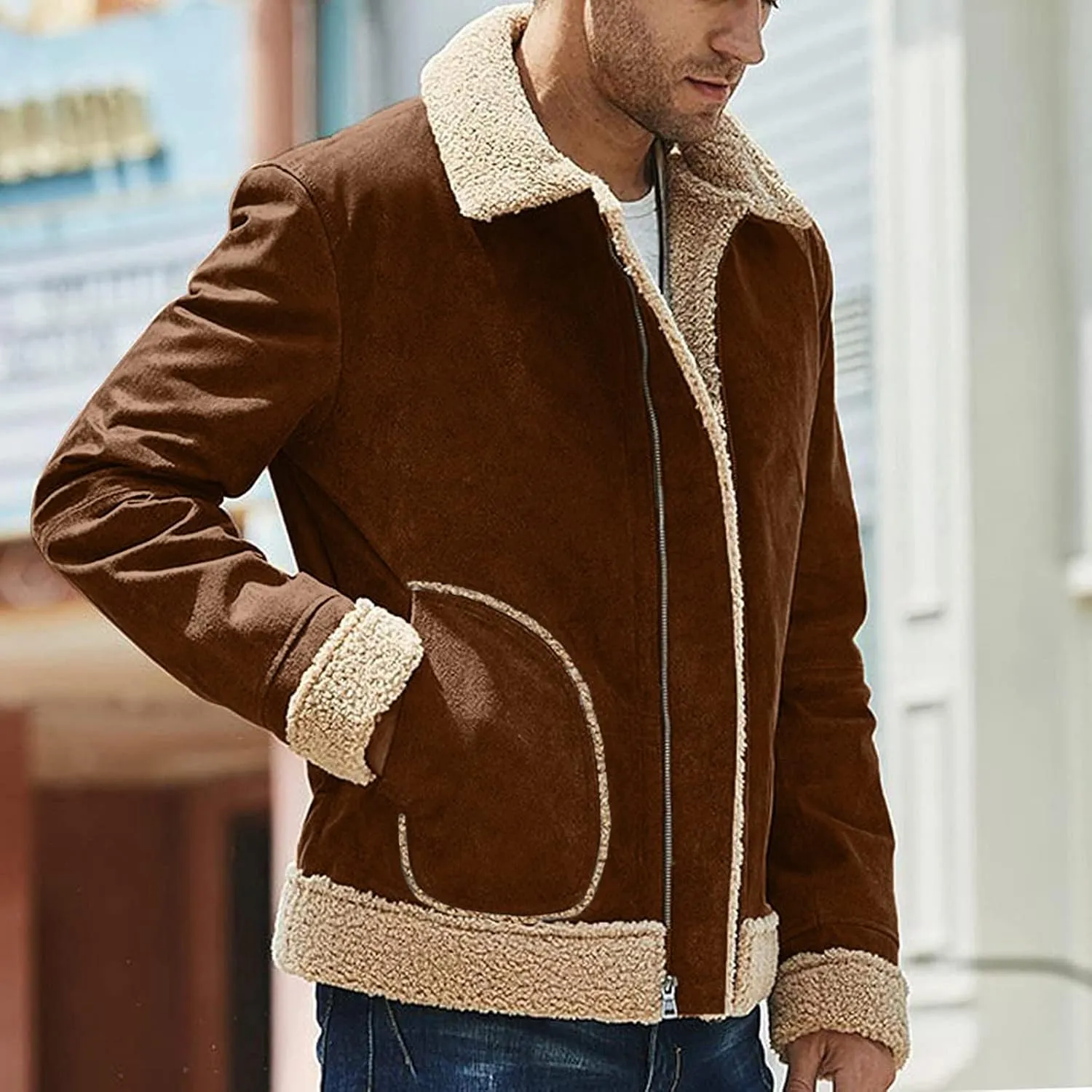 BIFUTON Winter Jackets for Men,Mens Pullover Winter Workout Faux Leather Lapel Jackets Fur Stand Collar Soft Warm Thick Coats