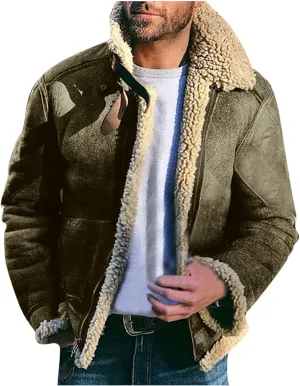 BIFUTON Winter Jackets for Men,Mens Pullover Winter Workout Faux Leather Lapel Jackets Fur Stand Collar Soft Warm Thick Coats