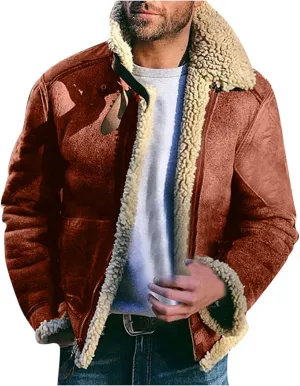 BIFUTON Winter Jackets for Men,Mens Pullover Winter Workout Faux Leather Lapel Jackets Fur Stand Collar Soft Warm Thick Coats