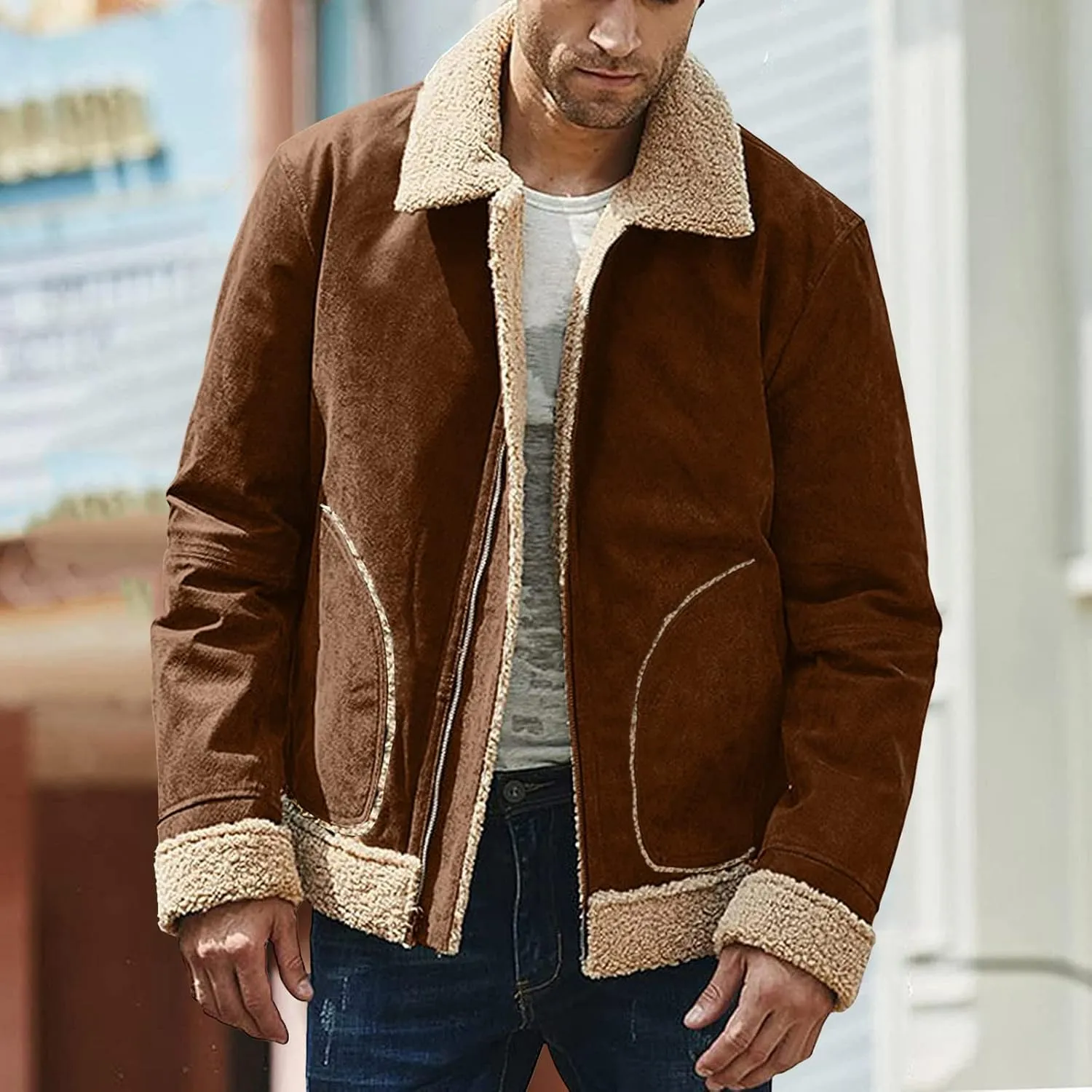 BIFUTON Winter Jackets for Men,Mens Pullover Winter Workout Faux Leather Lapel Jackets Fur Stand Collar Soft Warm Thick Coats