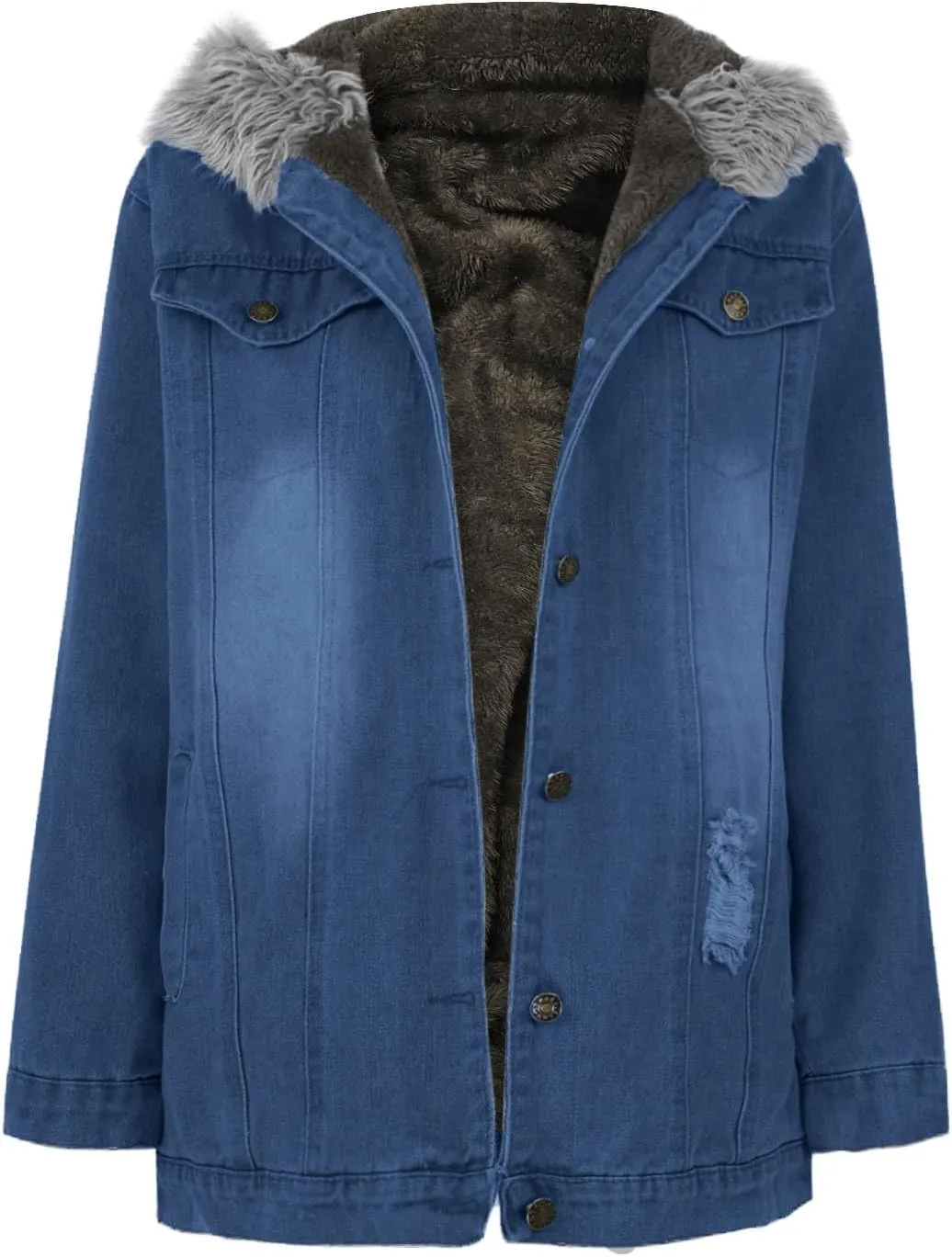 Binmer Women's Fleece Sherpa Lined Denim Jackets Faux Fur Hoodies Coat Winter Warm Button Down Coats Shaggy Warm Outerwear
