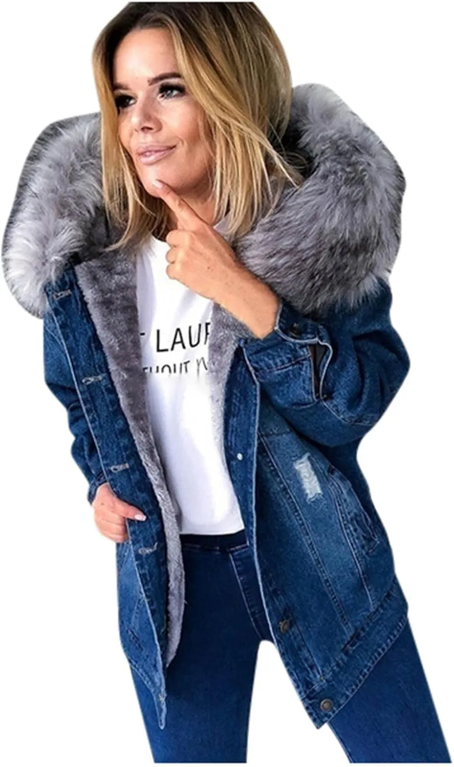 Binmer Women's Fleece Sherpa Lined Denim Jackets Faux Fur Hoodies Coat Winter Warm Button Down Coats Shaggy Warm Outerwear