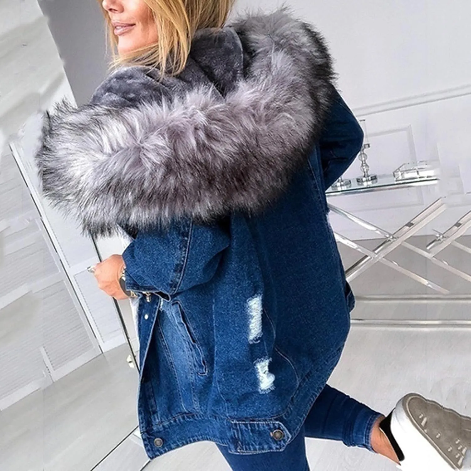 Binmer Women's Fleece Sherpa Lined Denim Jackets Faux Fur Hoodies Coat Winter Warm Button Down Coats Shaggy Warm Outerwear