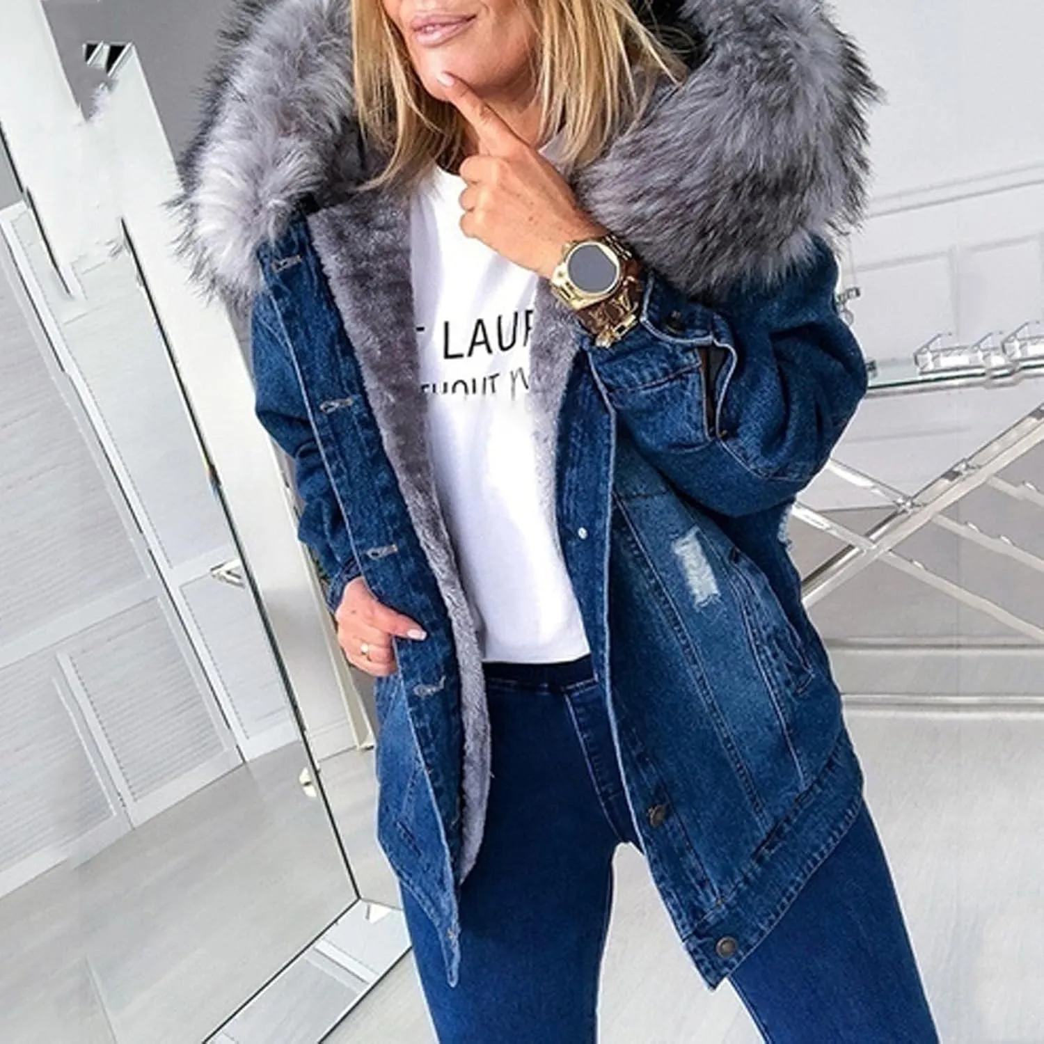 Binmer Women's Fleece Sherpa Lined Denim Jackets Faux Fur Hoodies Coat Winter Warm Button Down Coats Shaggy Warm Outerwear