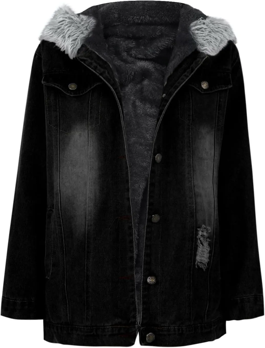 Binmer Women's Fleece Sherpa Lined Denim Jackets Faux Fur Hoodies Coat Winter Warm Button Down Coats Shaggy Warm Outerwear