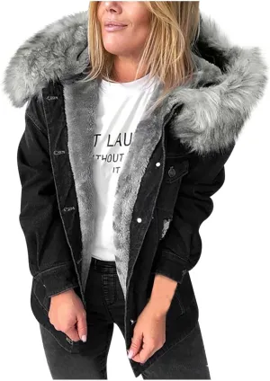 Binmer Women's Fleece Sherpa Lined Denim Jackets Faux Fur Hoodies Coat Winter Warm Button Down Coats Shaggy Warm Outerwear
