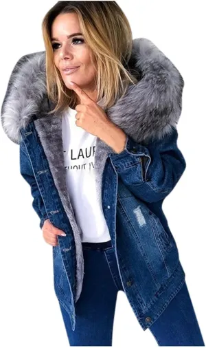 Binmer Women's Fleece Sherpa Lined Denim Jackets Faux Fur Hoodies Coat Winter Warm Button Down Coats Shaggy Warm Outerwear