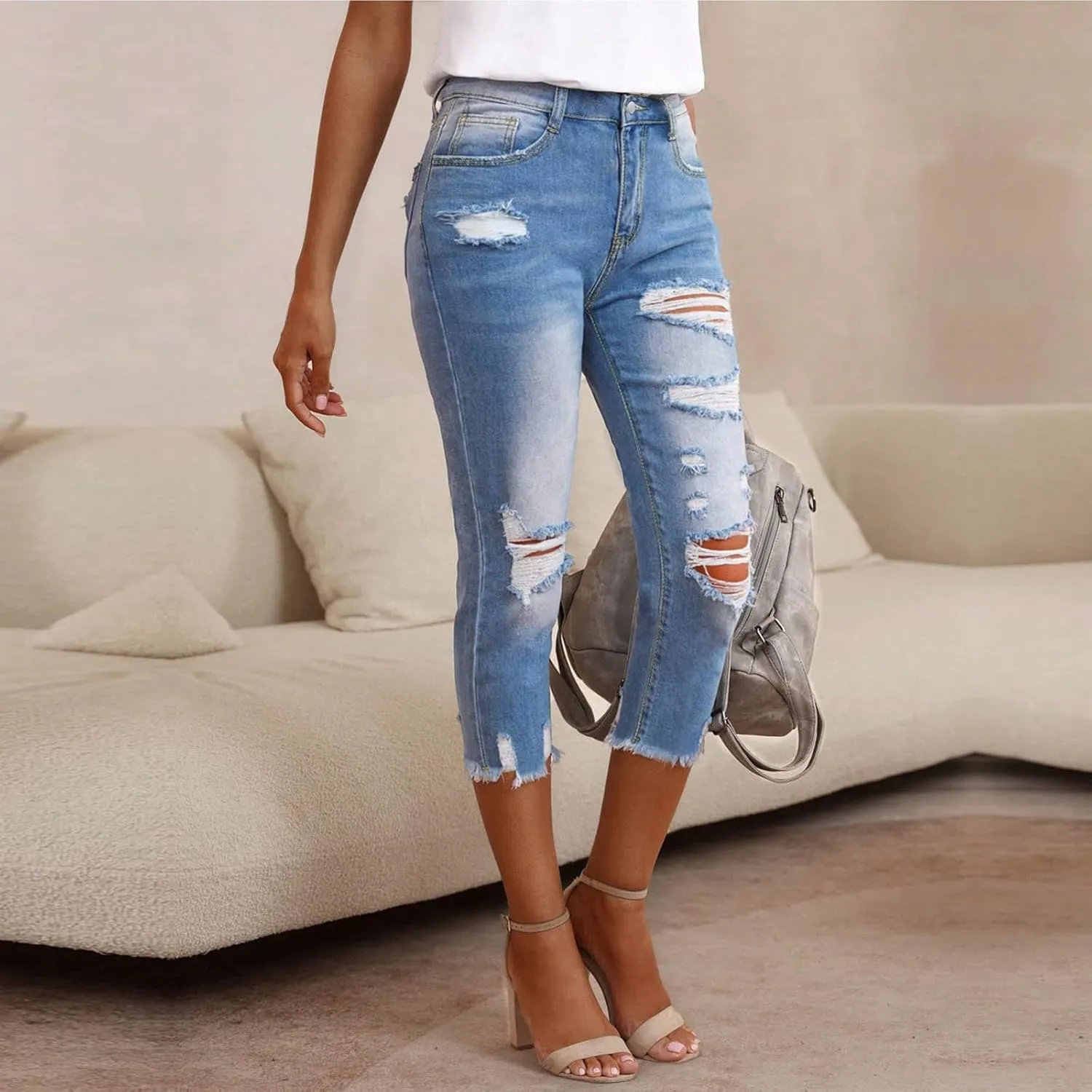 Capri Jeans for Women Stretch High Waisted Distressed Denim Capris Light Wash Ripped Skinny Cropped Jeans Streetwear