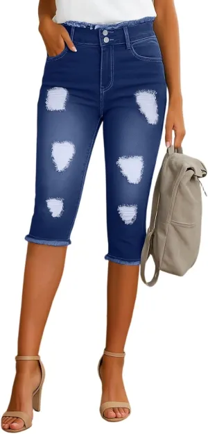 Capri Jeans for Women Stretch High Waisted Distressed Denim Capris Light Wash Ripped Skinny Cropped Jeans Streetwear