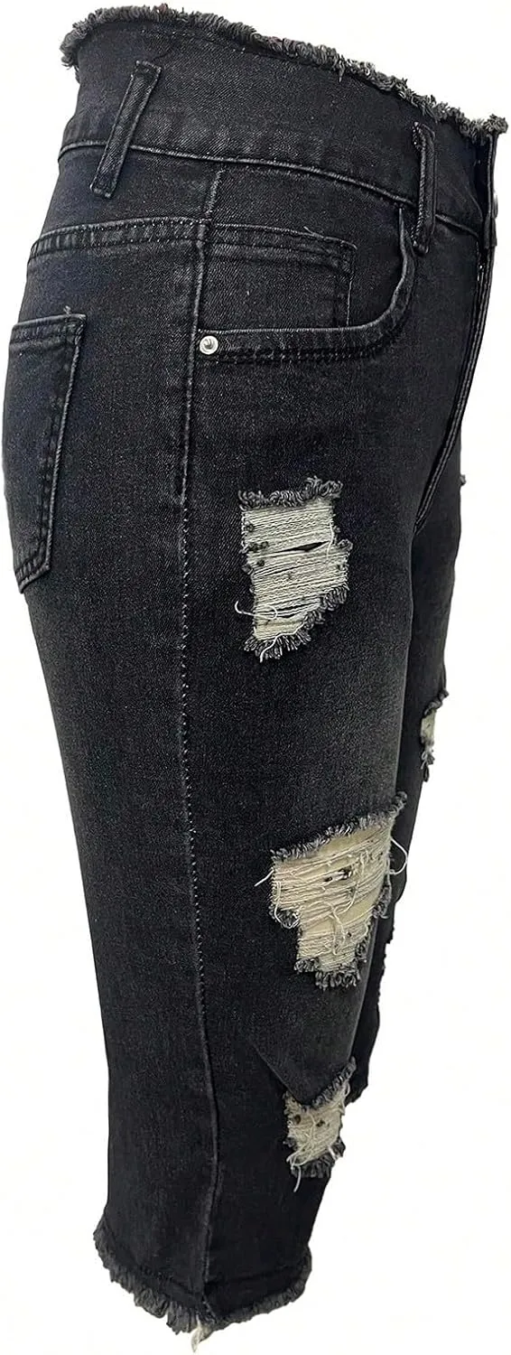 Capri Jeans for Women Stretch High Waisted Distressed Denim Capris Light Wash Ripped Skinny Cropped Jeans Streetwear