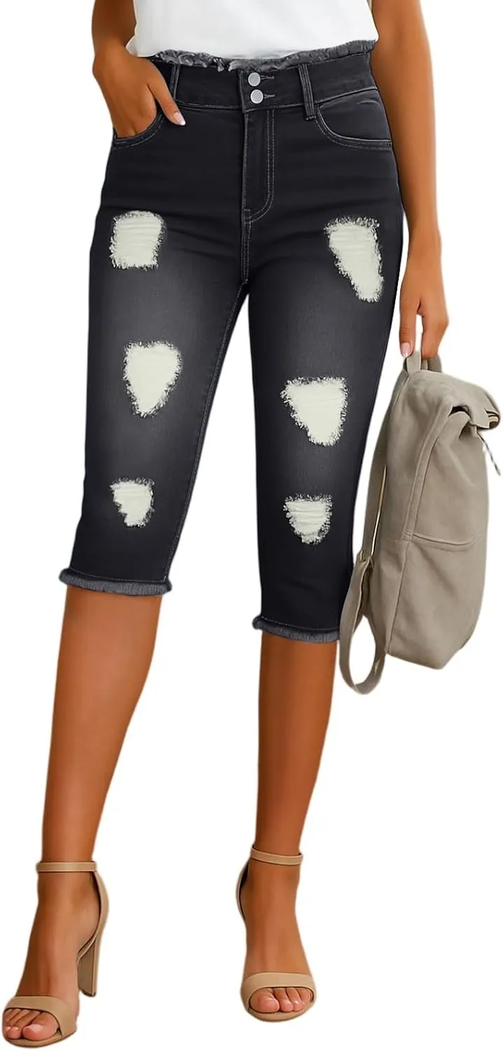 Capri Jeans for Women Stretch High Waisted Distressed Denim Capris Light Wash Ripped Skinny Cropped Jeans Streetwear
