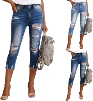 Capri Jeans for Women Stretch High Waisted Distressed Denim Capris Light Wash Ripped Skinny Cropped Jeans Streetwear