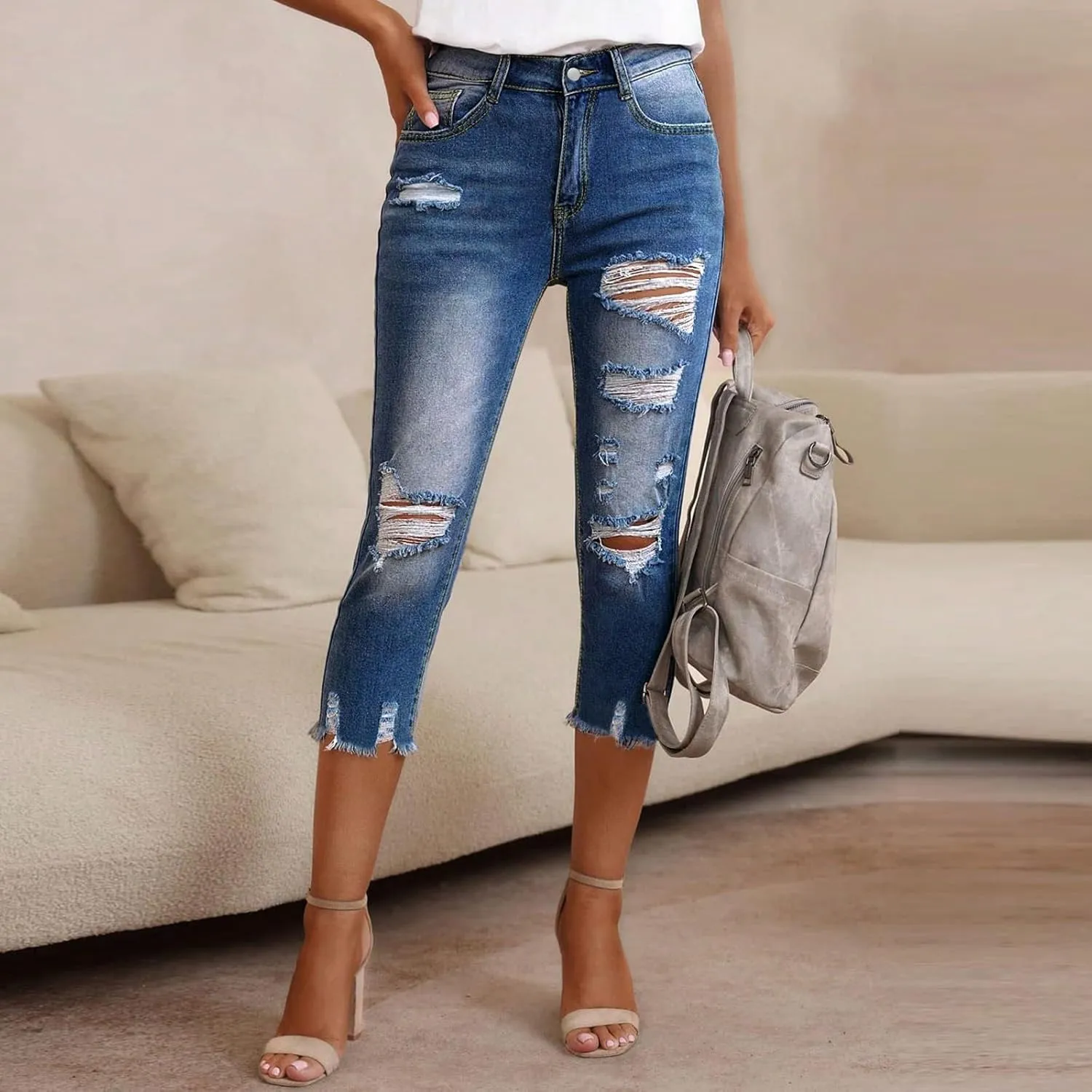 Capri Jeans for Women Stretch High Waisted Distressed Denim Capris Light Wash Ripped Skinny Cropped Jeans Streetwear