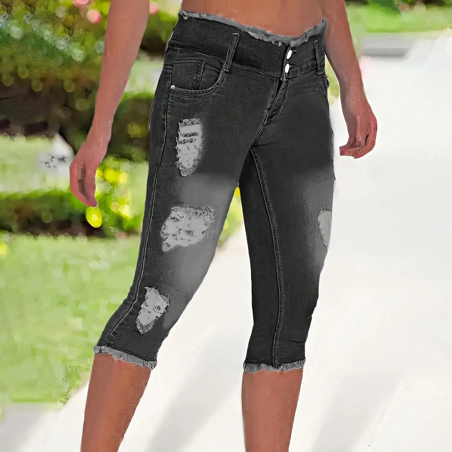 Capri Jeans for Women Stretch High Waisted Distressed Denim Capris Light Wash Ripped Skinny Cropped Jeans Streetwear