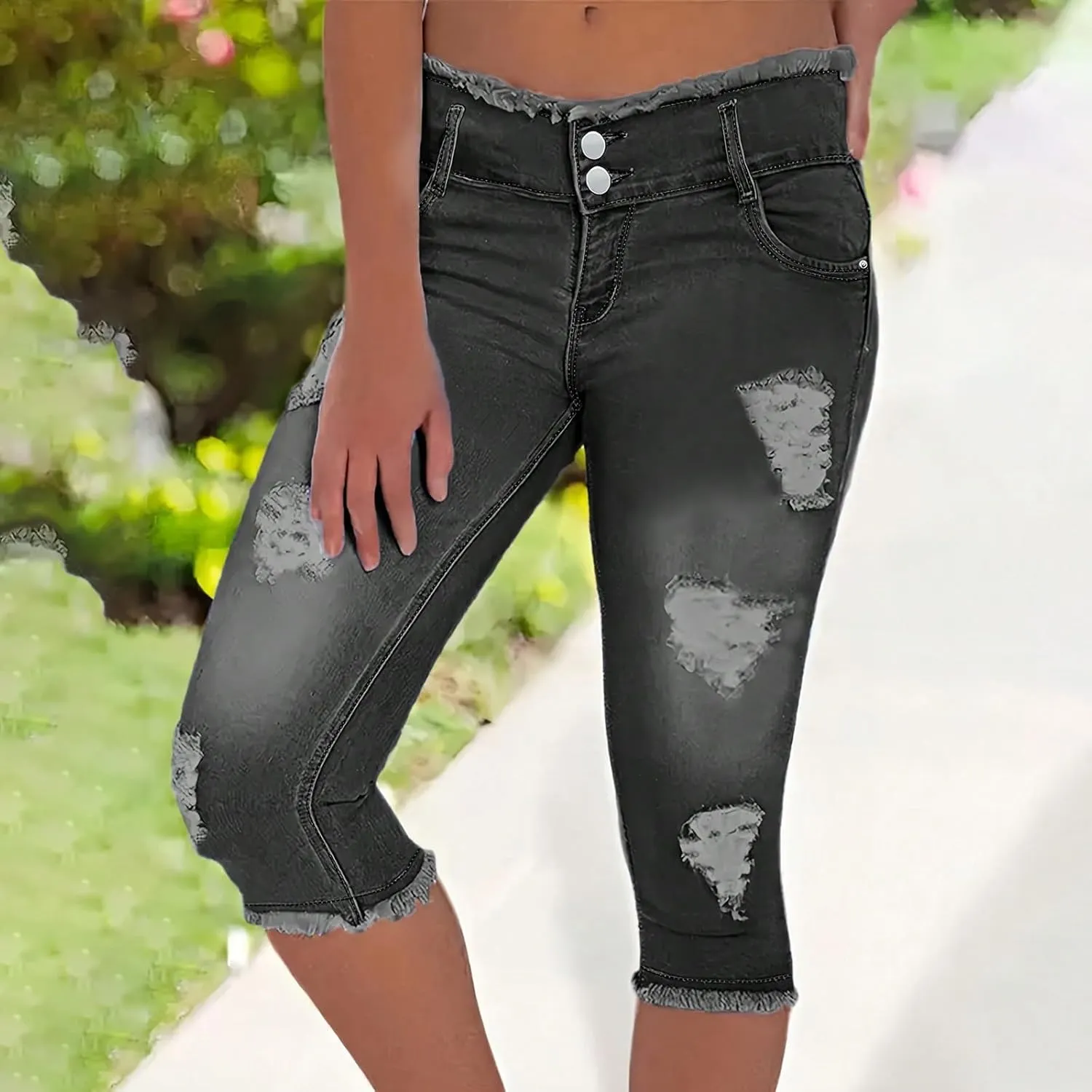 Capri Jeans for Women Stretch High Waisted Distressed Denim Capris Light Wash Ripped Skinny Cropped Jeans Streetwear