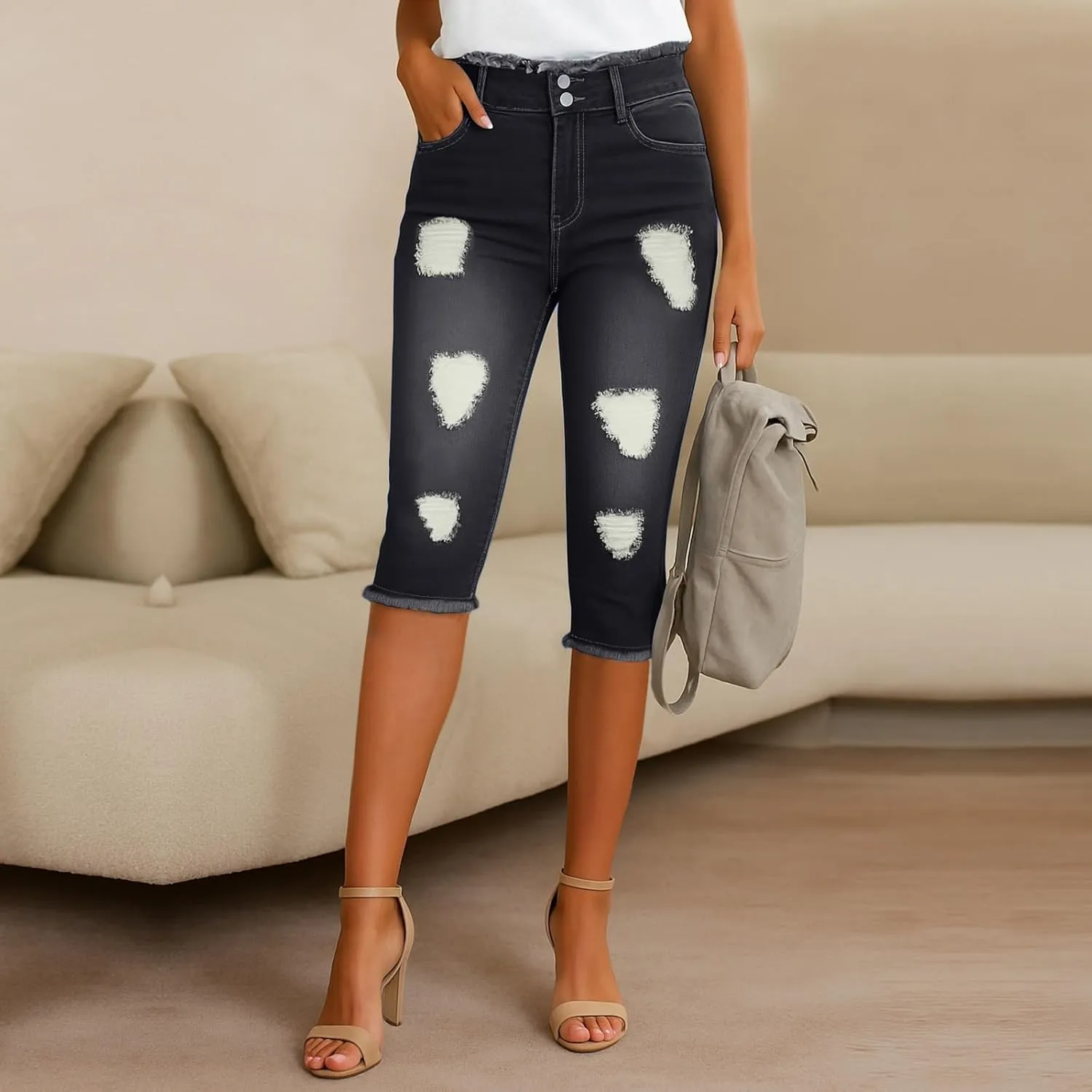 Capri Jeans for Women Stretch High Waisted Distressed Denim Capris Light Wash Ripped Skinny Cropped Jeans Streetwear