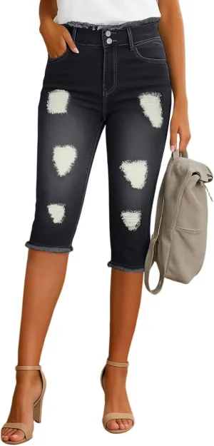 Capri Jeans for Women Stretch High Waisted Distressed Denim Capris Light Wash Ripped Skinny Cropped Jeans Streetwear