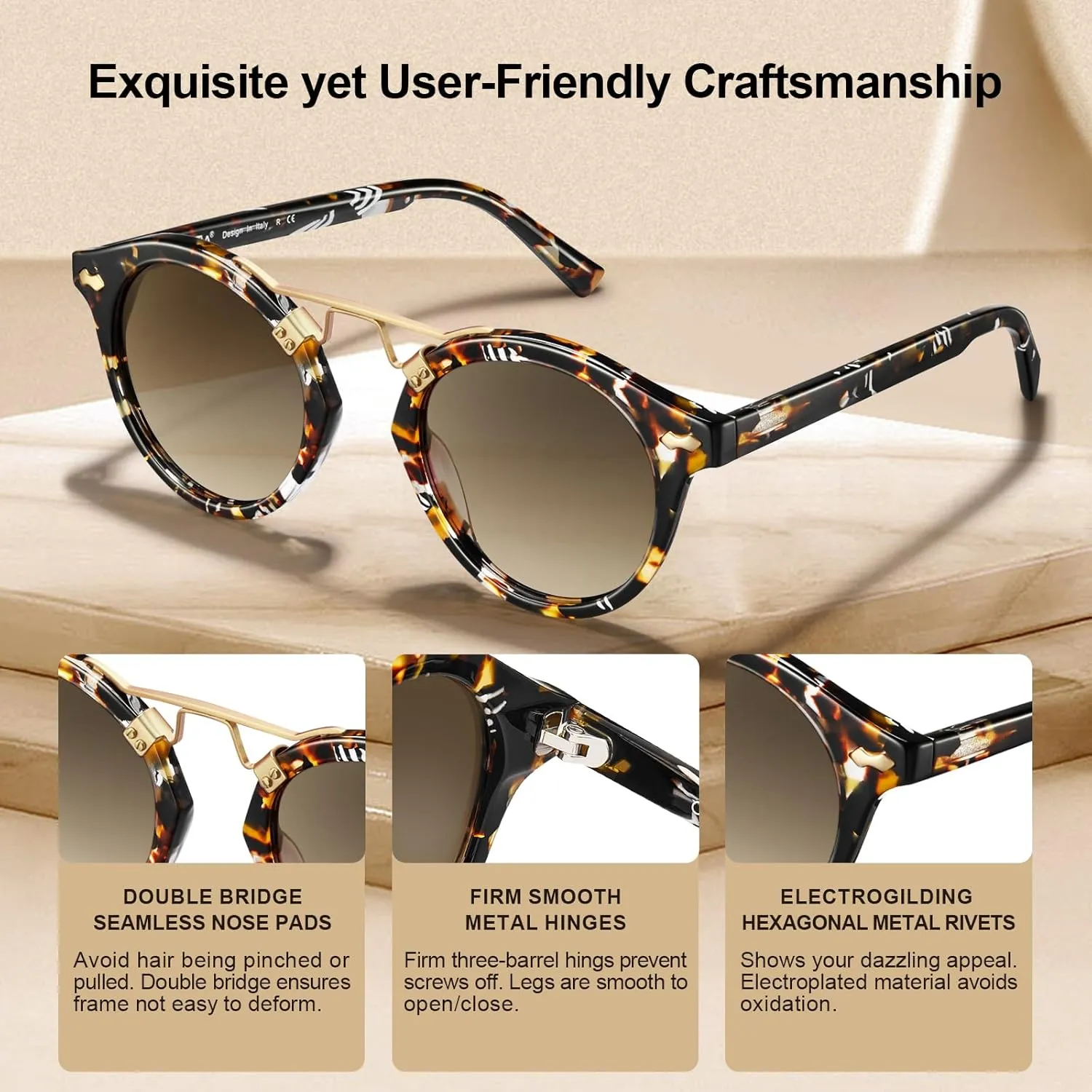 CARFIA Double Bridge Small Acetate Sunglasses for Women Polarized, Retro Metal Brow Ladies Sunnies Fashion Round Eyewears