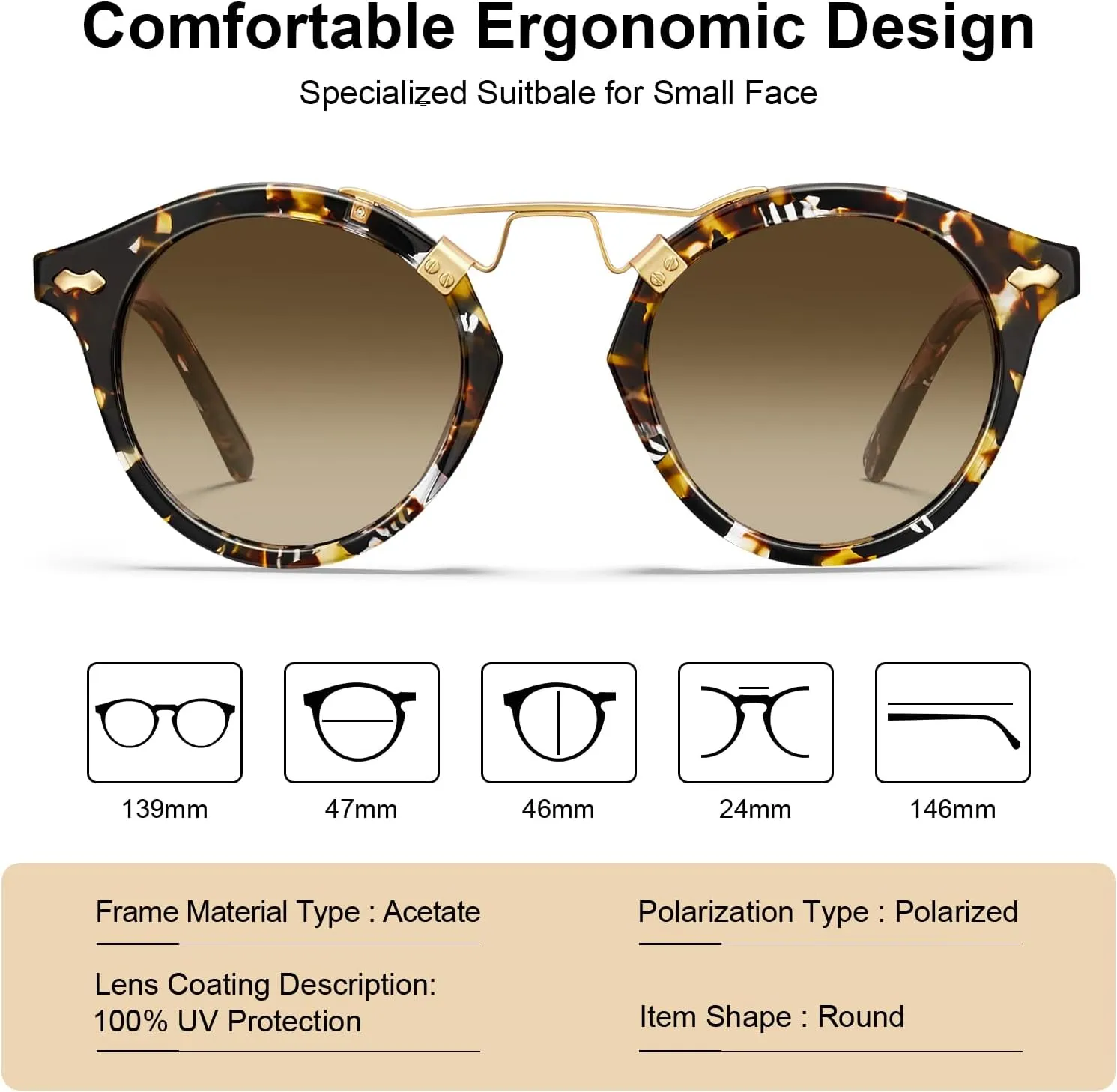 CARFIA Double Bridge Small Acetate Sunglasses for Women Polarized, Retro Metal Brow Ladies Sunnies Fashion Round Eyewears