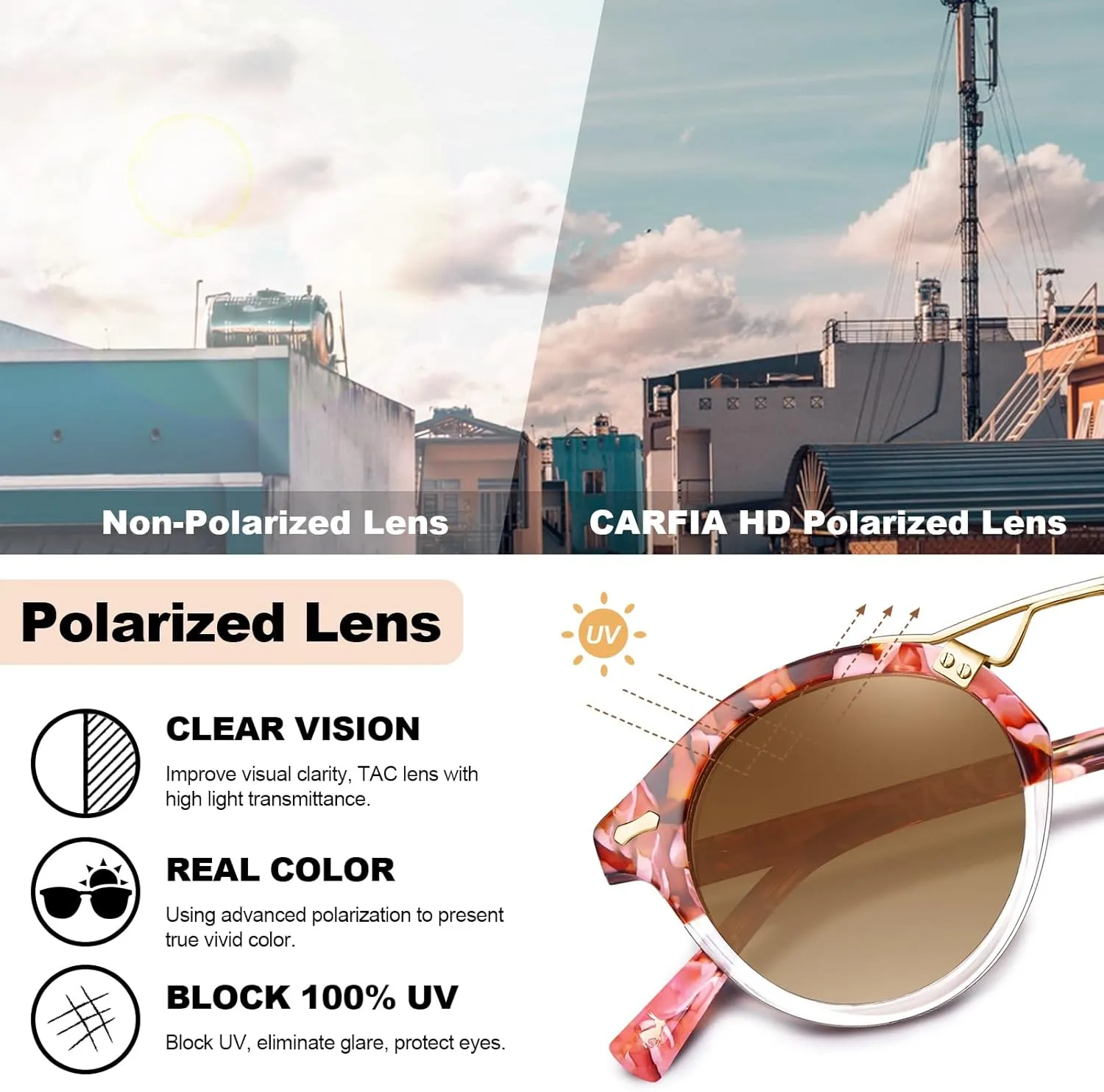 CARFIA Double Bridge Small Acetate Sunglasses for Women Polarized, Retro Metal Brow Ladies Sunnies Fashion Round Eyewears