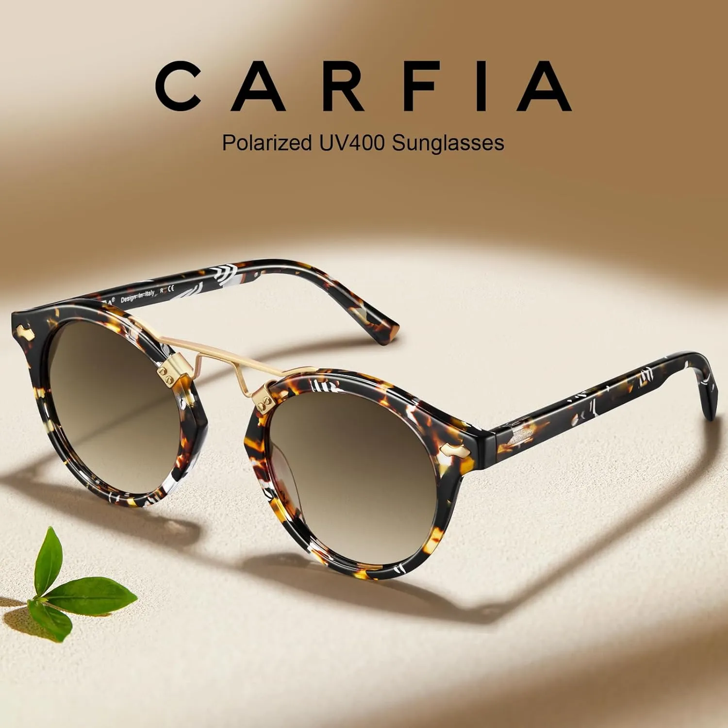 CARFIA Double Bridge Small Acetate Sunglasses for Women Polarized, Retro Metal Brow Ladies Sunnies Fashion Round Eyewears