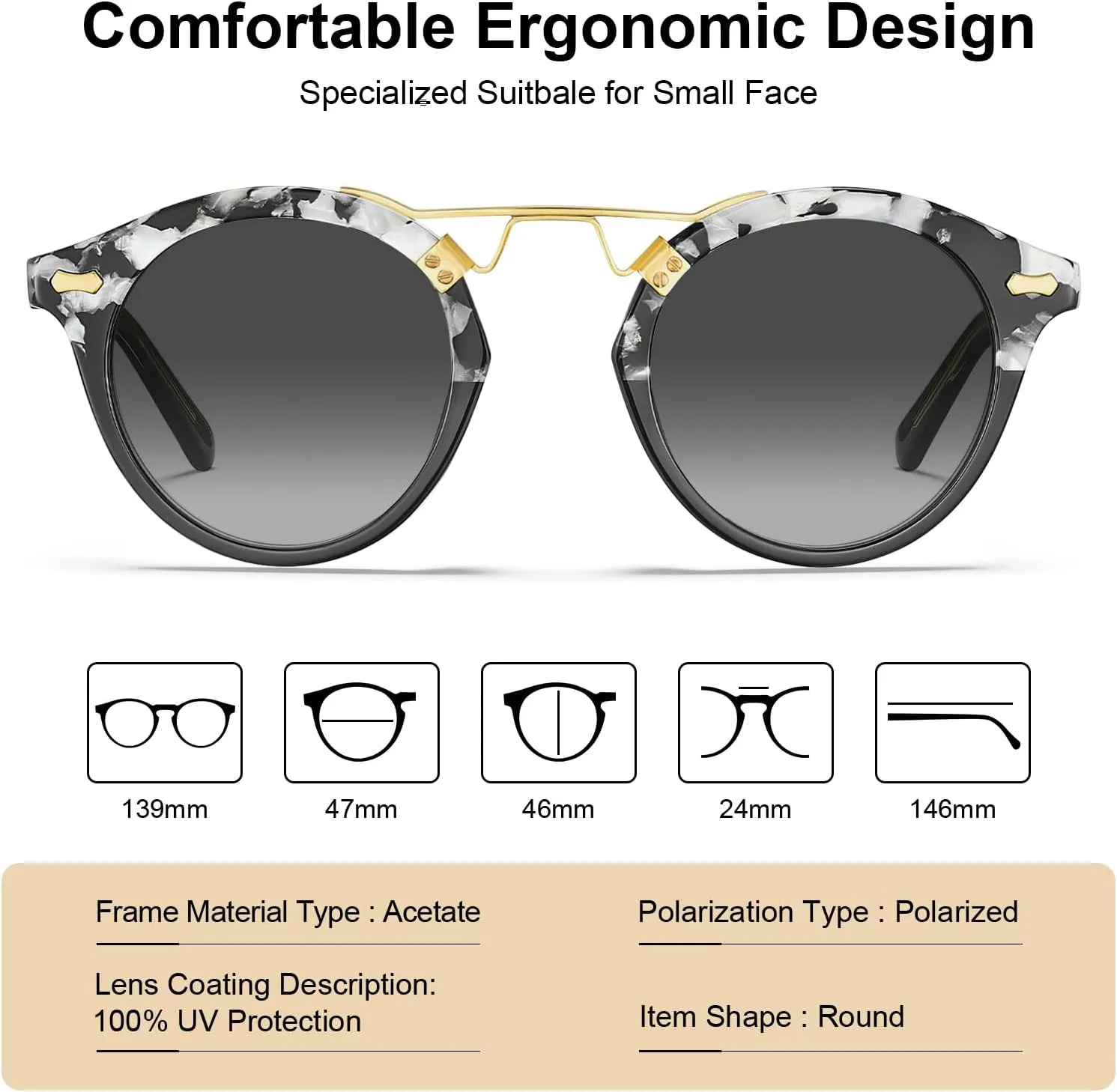 CARFIA Double Bridge Small Acetate Sunglasses for Women Polarized, Retro Metal Brow Ladies Sunnies Fashion Round Eyewears