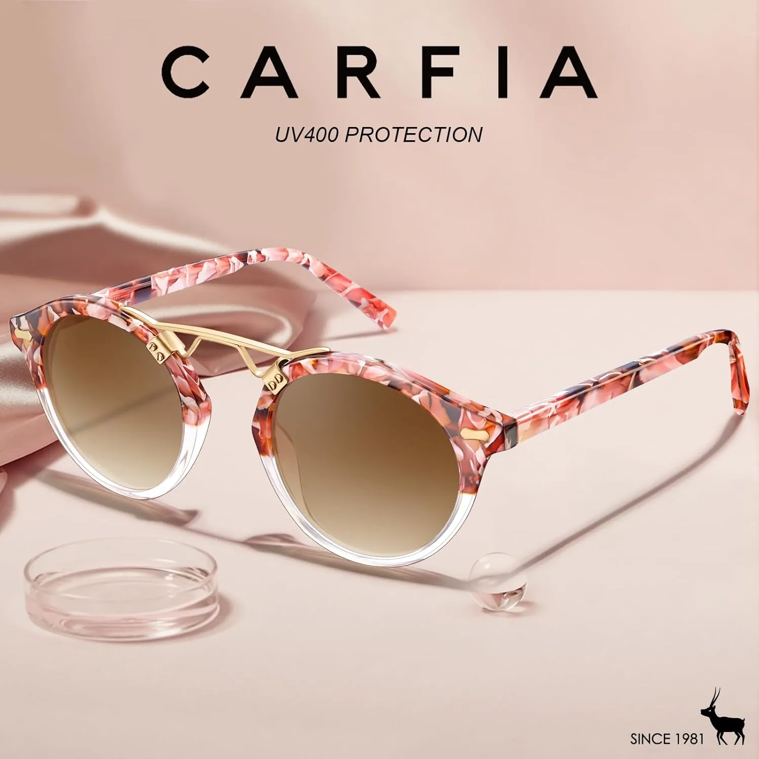 CARFIA Double Bridge Small Acetate Sunglasses for Women Polarized, Retro Metal Brow Ladies Sunnies Fashion Round Eyewears