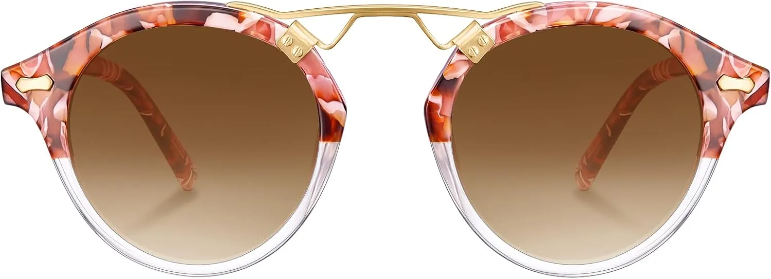 CARFIA Double Bridge Small Acetate Sunglasses for Women Polarized, Retro Metal Brow Ladies Sunnies Fashion Round Eyewears
