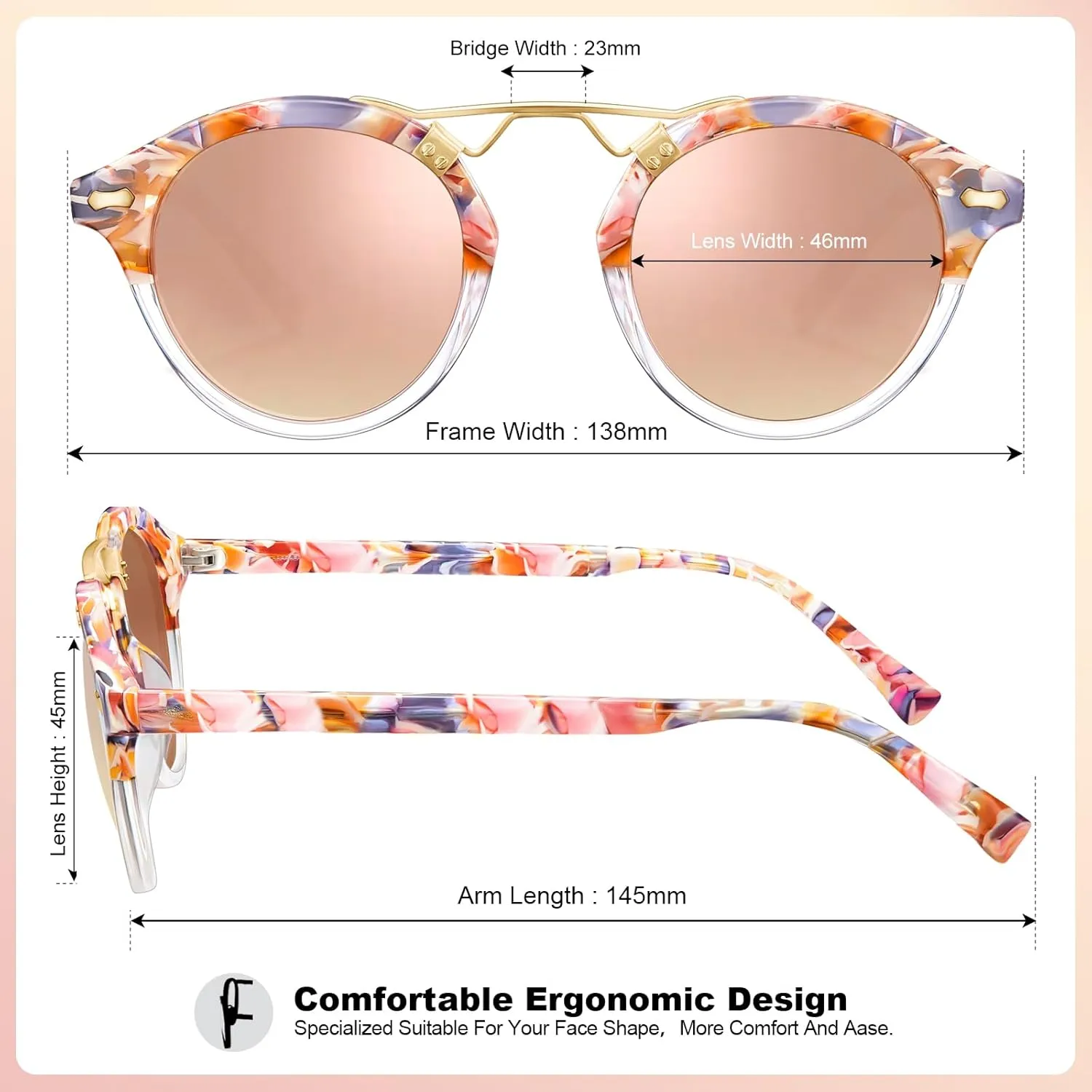 CARFIA Double Bridge Small Acetate Sunglasses for Women Polarized, Retro Metal Brow Ladies Sunnies Fashion Round Eyewears