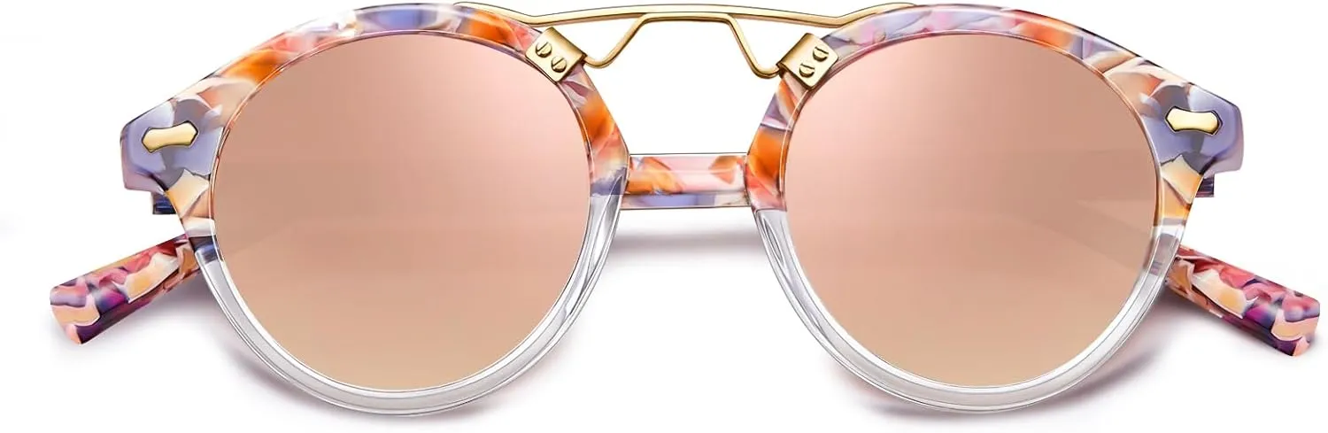 CARFIA Double Bridge Small Acetate Sunglasses for Women Polarized, Retro Metal Brow Ladies Sunnies Fashion Round Eyewears