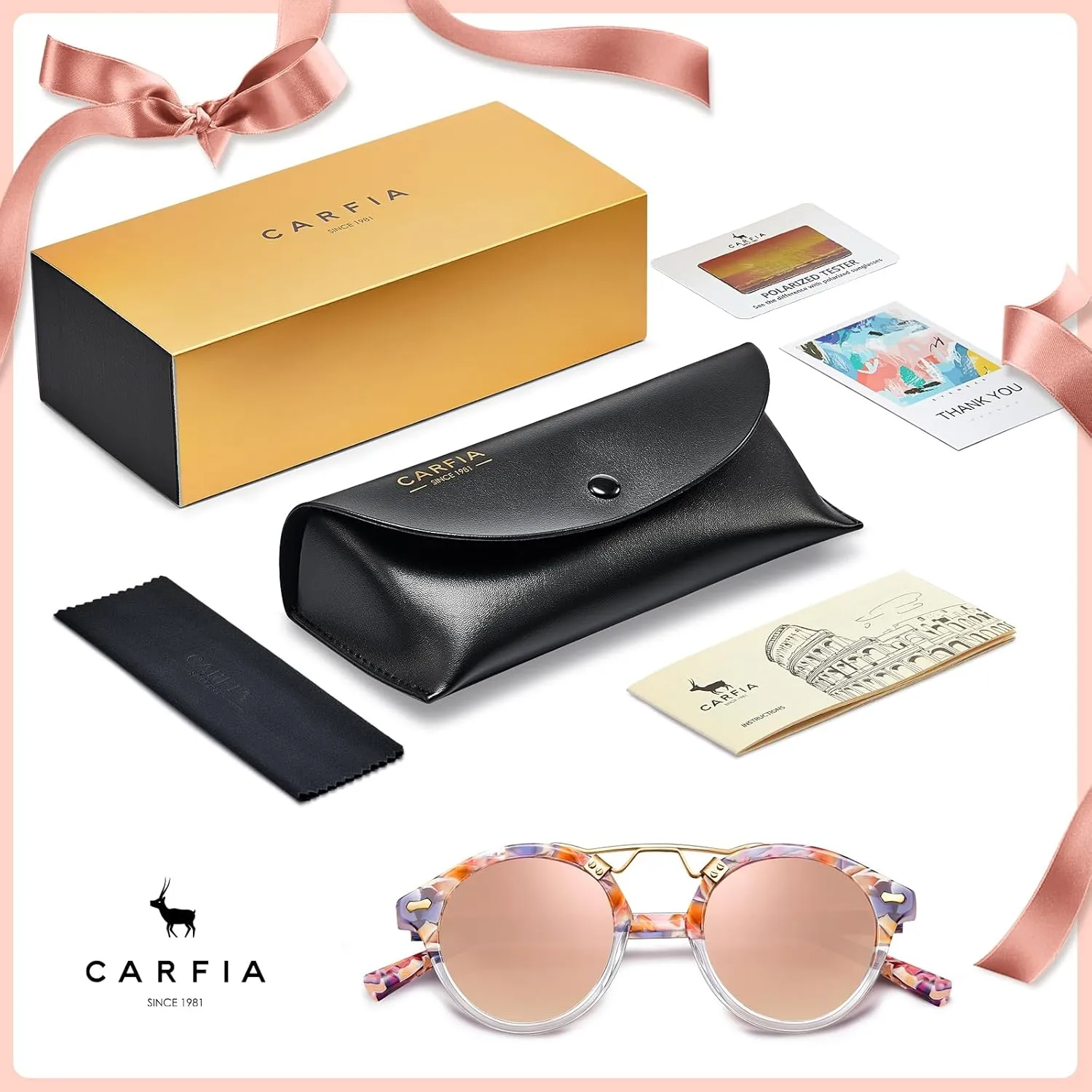 CARFIA Double Bridge Small Acetate Sunglasses for Women Polarized, Retro Metal Brow Ladies Sunnies Fashion Round Eyewears